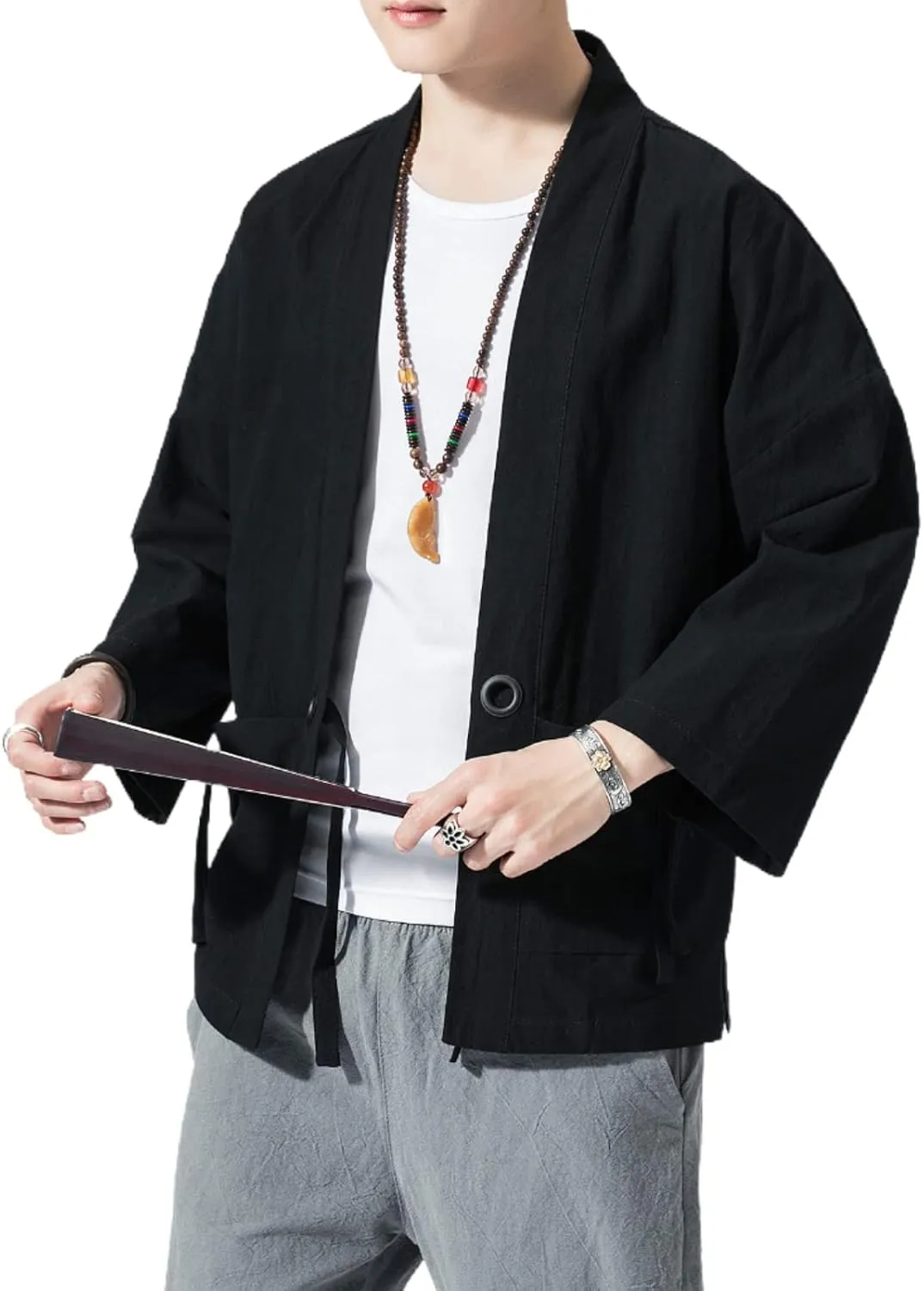 Linen 3/4 Sleeve Open future Front Casual Summer Shirt Jackets Men's Japanese Kimono Cardigan Loose Cotton 