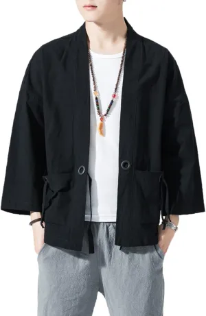 Linen 3/4 Sleeve Open future Front Casual Summer Shirt Jackets Men's Japanese Kimono Cardigan Loose Cotton 