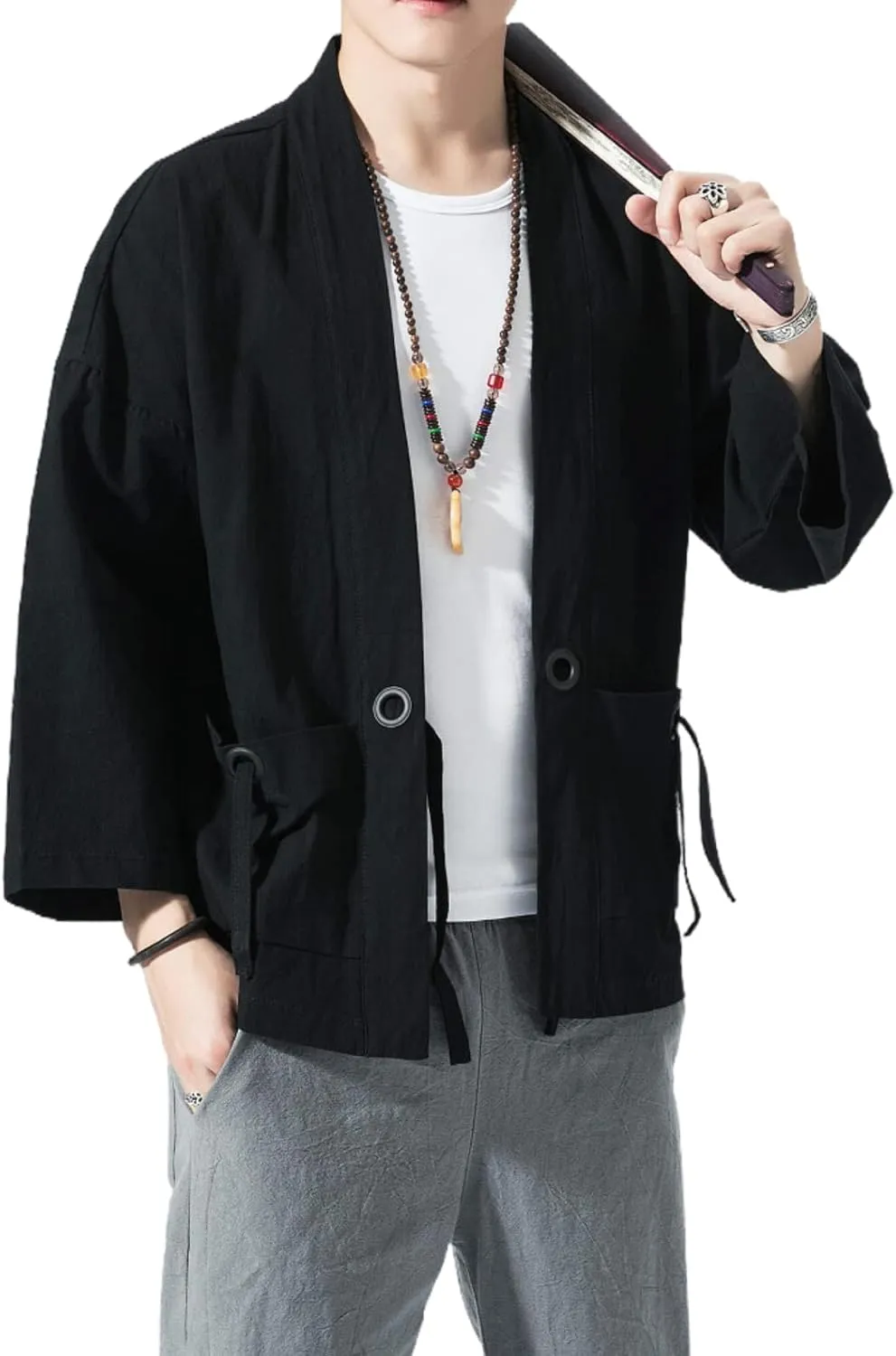 Linen 3/4 Sleeve Open future Front Casual Summer Shirt Jackets Men's Japanese Kimono Cardigan Loose Cotton 