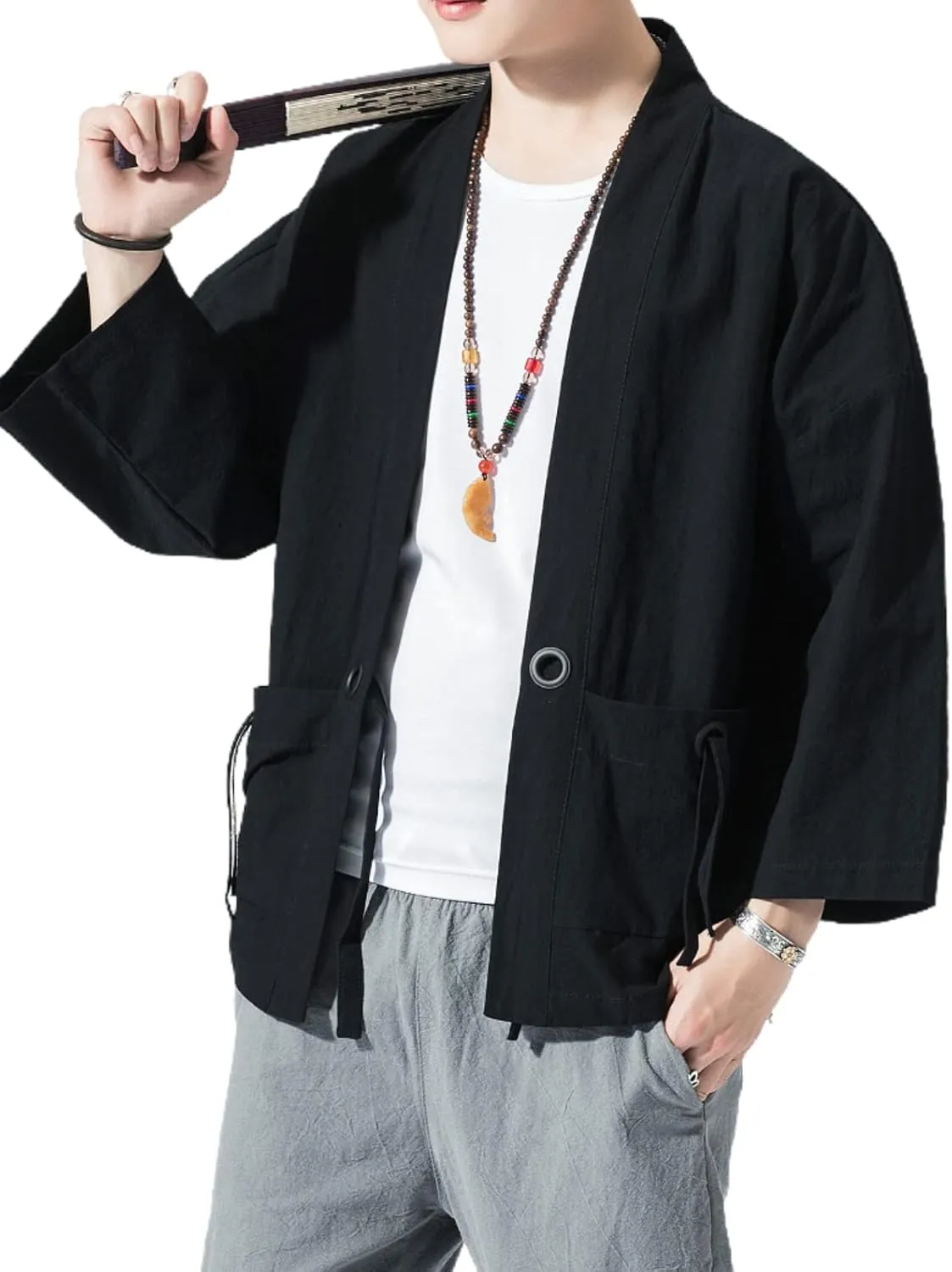 Linen 3/4 Sleeve Open future Front Casual Summer Shirt Jackets Men's Japanese Kimono Cardigan Loose Cotton 