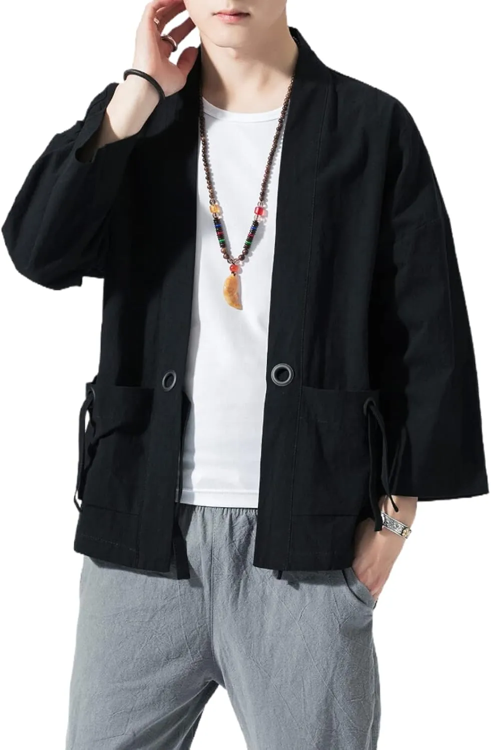 Linen 3/4 Sleeve Open future Front Casual Summer Shirt Jackets Men's Japanese Kimono Cardigan Loose Cotton 