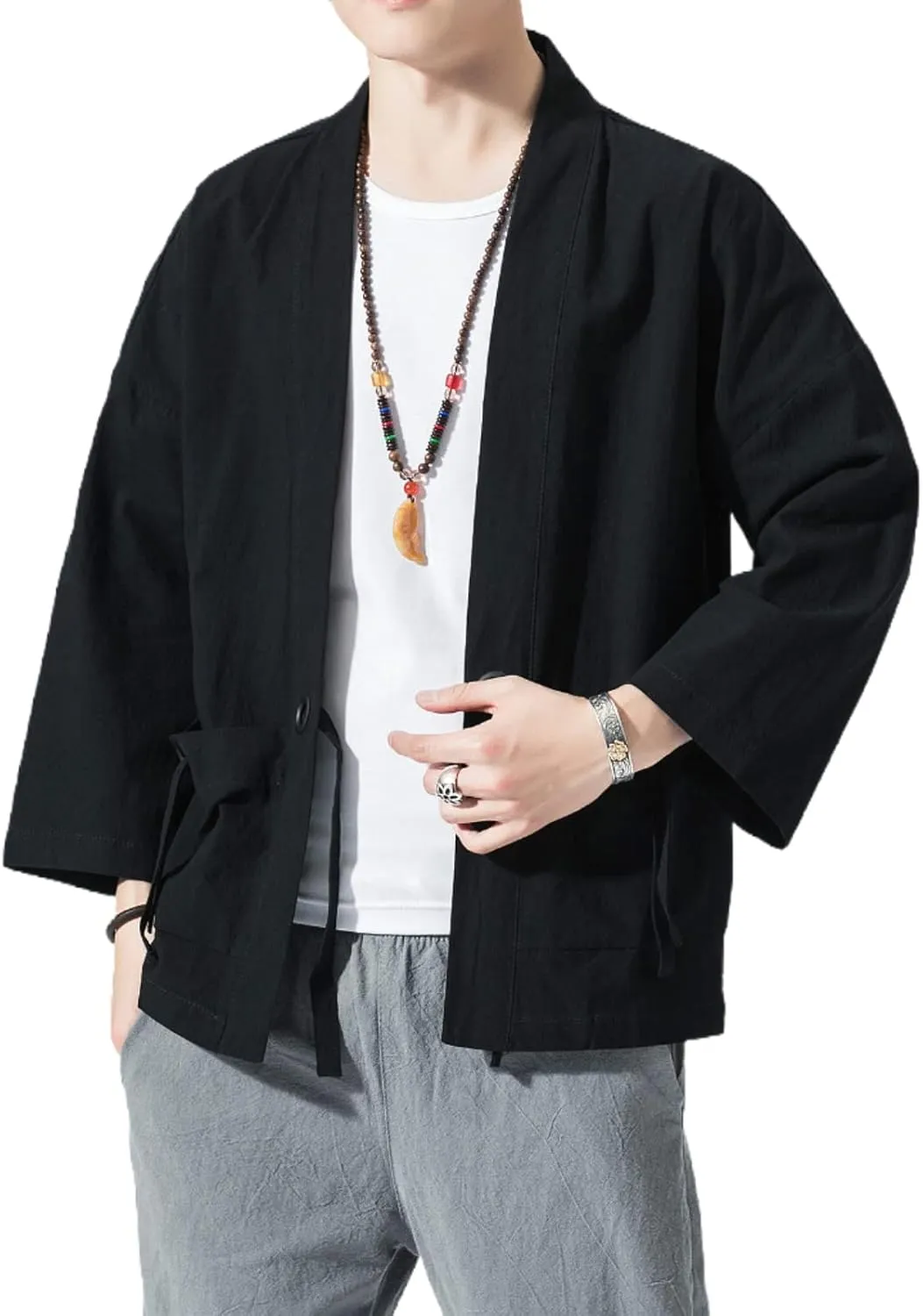 Linen 3/4 Sleeve Open future Front Casual Summer Shirt Jackets Men's Japanese Kimono Cardigan Loose Cotton 