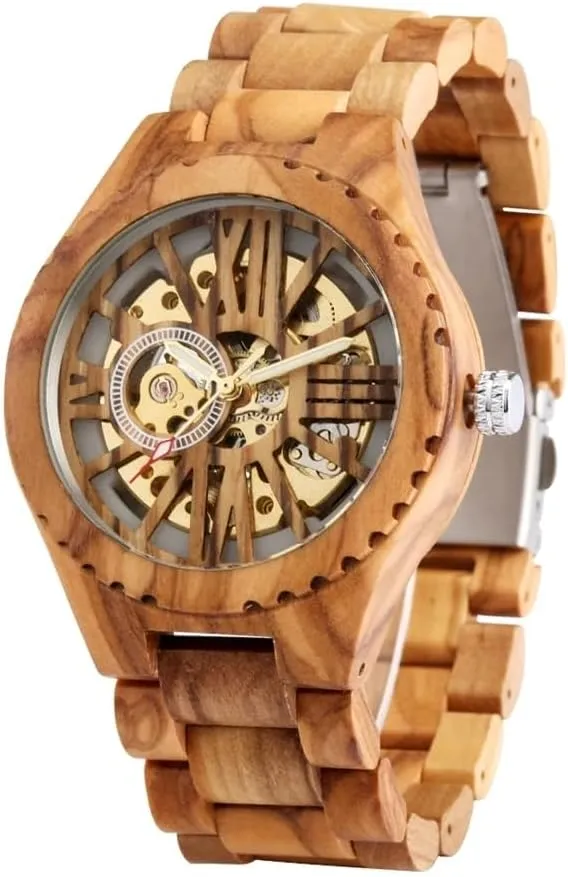 Man Wooden Watch with Wood Gift Box Dentily Automatic Mechanical Men Watches Natural immobility rip eukaryote Walnut Wood Bracelet Self Winding Wristwatch Folding Clasp 