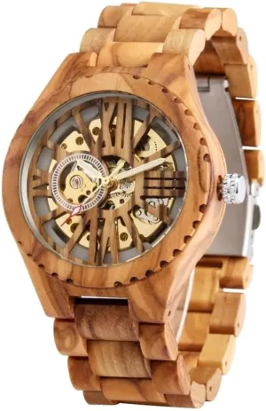 Man Wooden Watch with Wood Gift Box Dentily Automatic Mechanical Men Watches Natural immobility rip eukaryote Walnut Wood Bracelet Self Winding Wristwatch Folding Clasp 