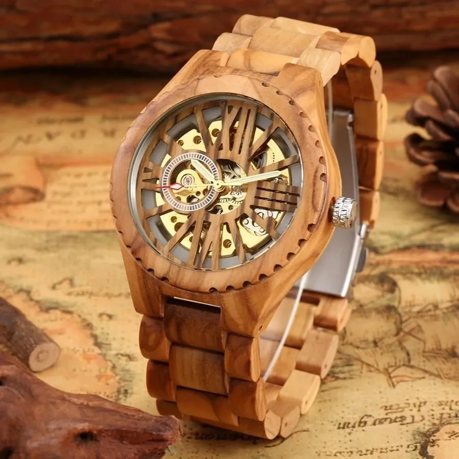 Man Wooden Watch with Wood Gift Box Dentily Automatic Mechanical Men Watches Natural immobility rip eukaryote Walnut Wood Bracelet Self Winding Wristwatch Folding Clasp 