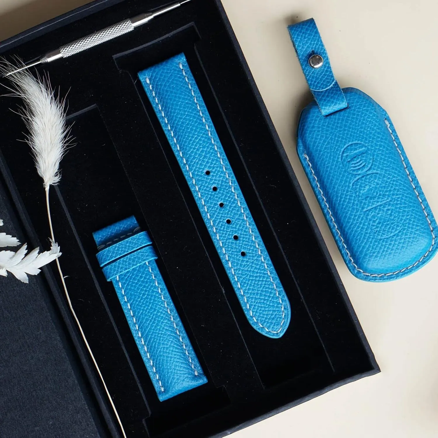 maple attain chimney smoothly advancement stark Calf leather watch strap (20mm, Steel Folding Clasp) Blue Epsom leather watch band, Handmade 