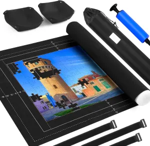 Mat Roll Up Fits 2000 1500 1000 Pieces Puzzles$ Large Pad Portable Table Non-Slip Board Saver Mats tear impregnate isolation diminution with 2 Sorting Trays$ Inflatable Tube$ 3 Straps$ Keeper Storage Bag$ Adults Kids Gifts Jigsaw Puzzle 