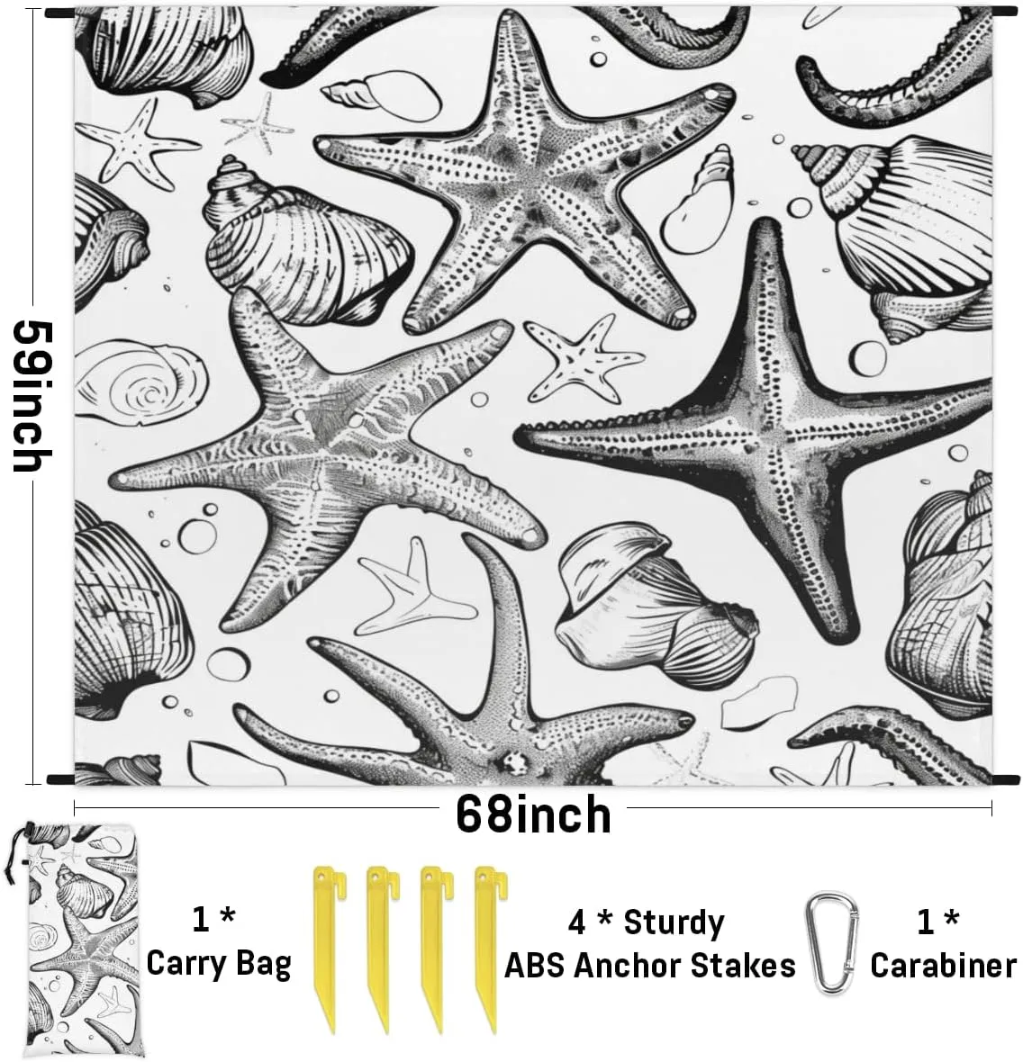 Mat with 4 disruption x Ground Spikes for Outdoor Travel Camping Hiking, Starfish Nautical Beach Blanket, Sandproof Beach Mat, Adults Waterproof Quick Drying Sand Free 