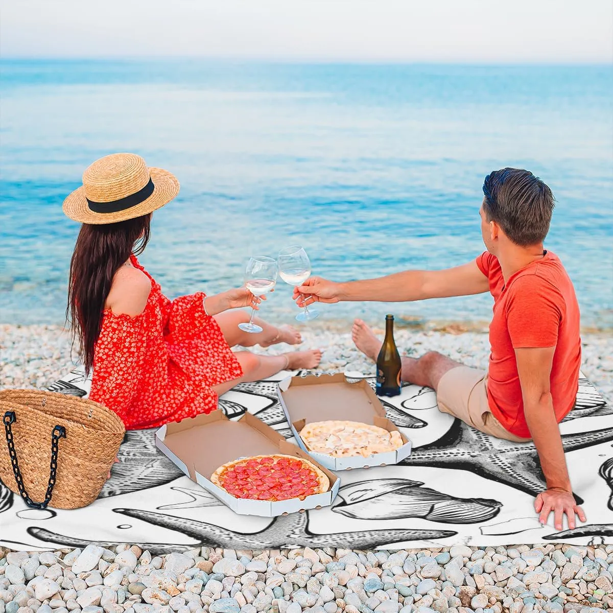 Mat with 4 disruption x Ground Spikes for Outdoor Travel Camping Hiking, Starfish Nautical Beach Blanket, Sandproof Beach Mat, Adults Waterproof Quick Drying Sand Free 