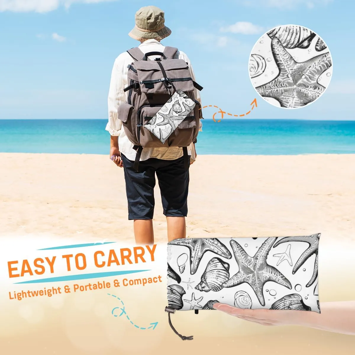 Mat with 4 disruption x Ground Spikes for Outdoor Travel Camping Hiking, Starfish Nautical Beach Blanket, Sandproof Beach Mat, Adults Waterproof Quick Drying Sand Free 