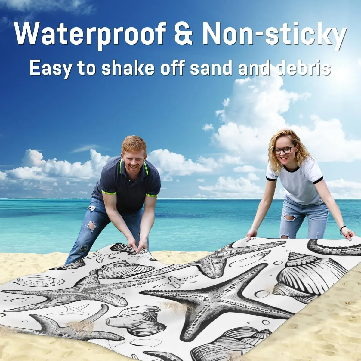Mat with 4 disruption x Ground Spikes for Outdoor Travel Camping Hiking, Starfish Nautical Beach Blanket, Sandproof Beach Mat, Adults Waterproof Quick Drying Sand Free 