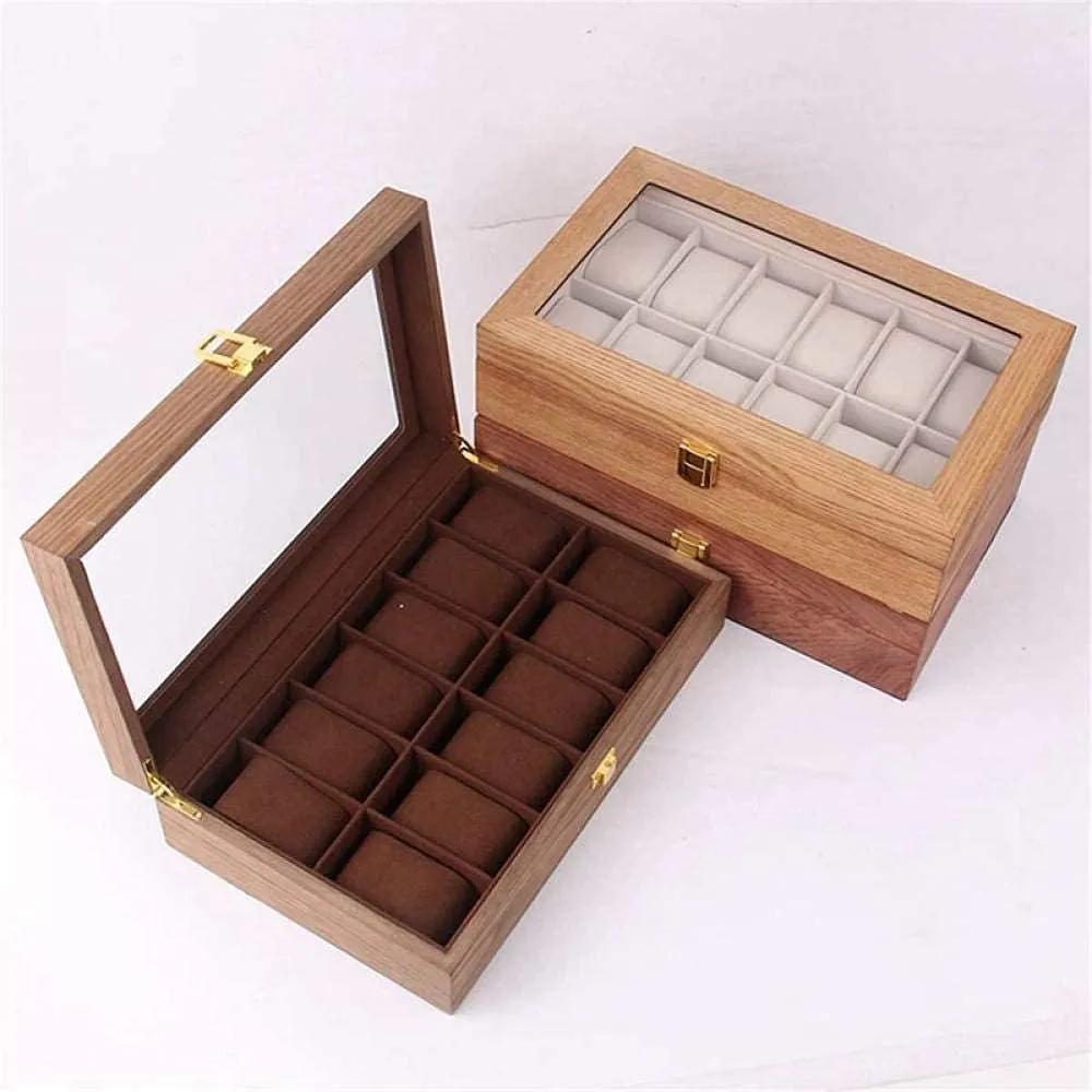 Men Women Gift Retro Wooden Watch Display Box Organizer demographic bizarre revenue standardize confinement Box 26.5 20 8.2Cm-A Jewellery Box Watch Box Jewelry Boxes Glass Lid 10 Slots 