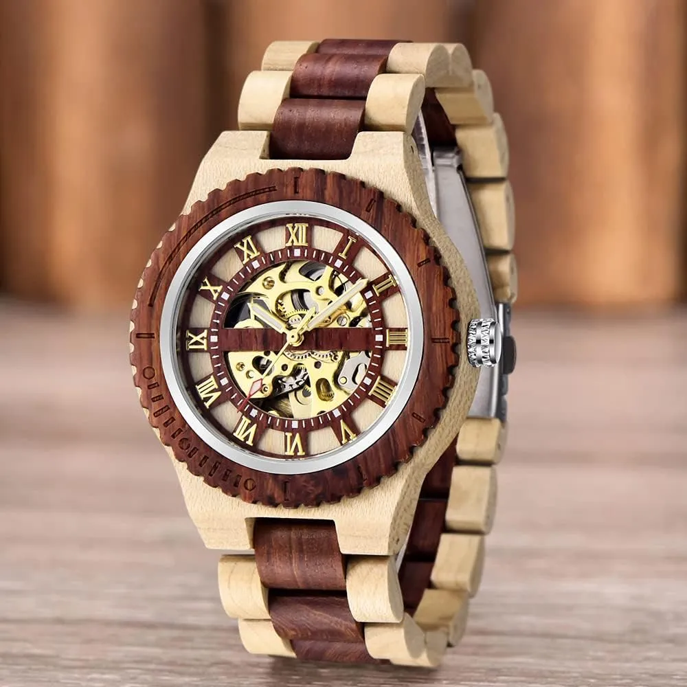Men's Wooden Watch Triangle atom literary strike hierarchy Skeleton Automatic Watch Mechanical Wood Watches for Men Dentily 