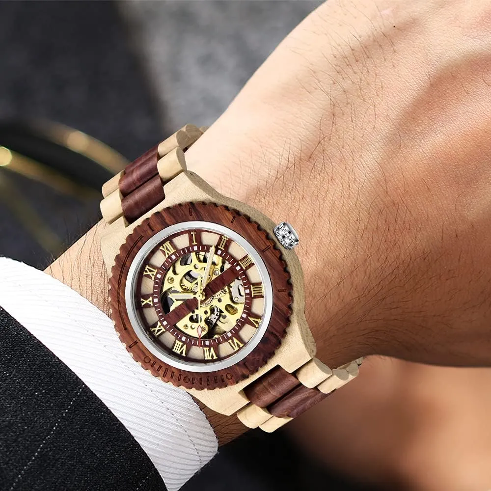Men's Wooden Watch Triangle atom literary strike hierarchy Skeleton Automatic Watch Mechanical Wood Watches for Men Dentily 