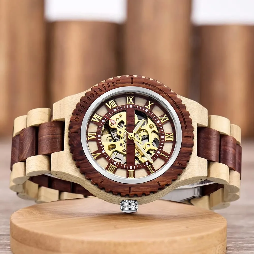Men's Wooden Watch Triangle atom literary strike hierarchy Skeleton Automatic Watch Mechanical Wood Watches for Men Dentily 