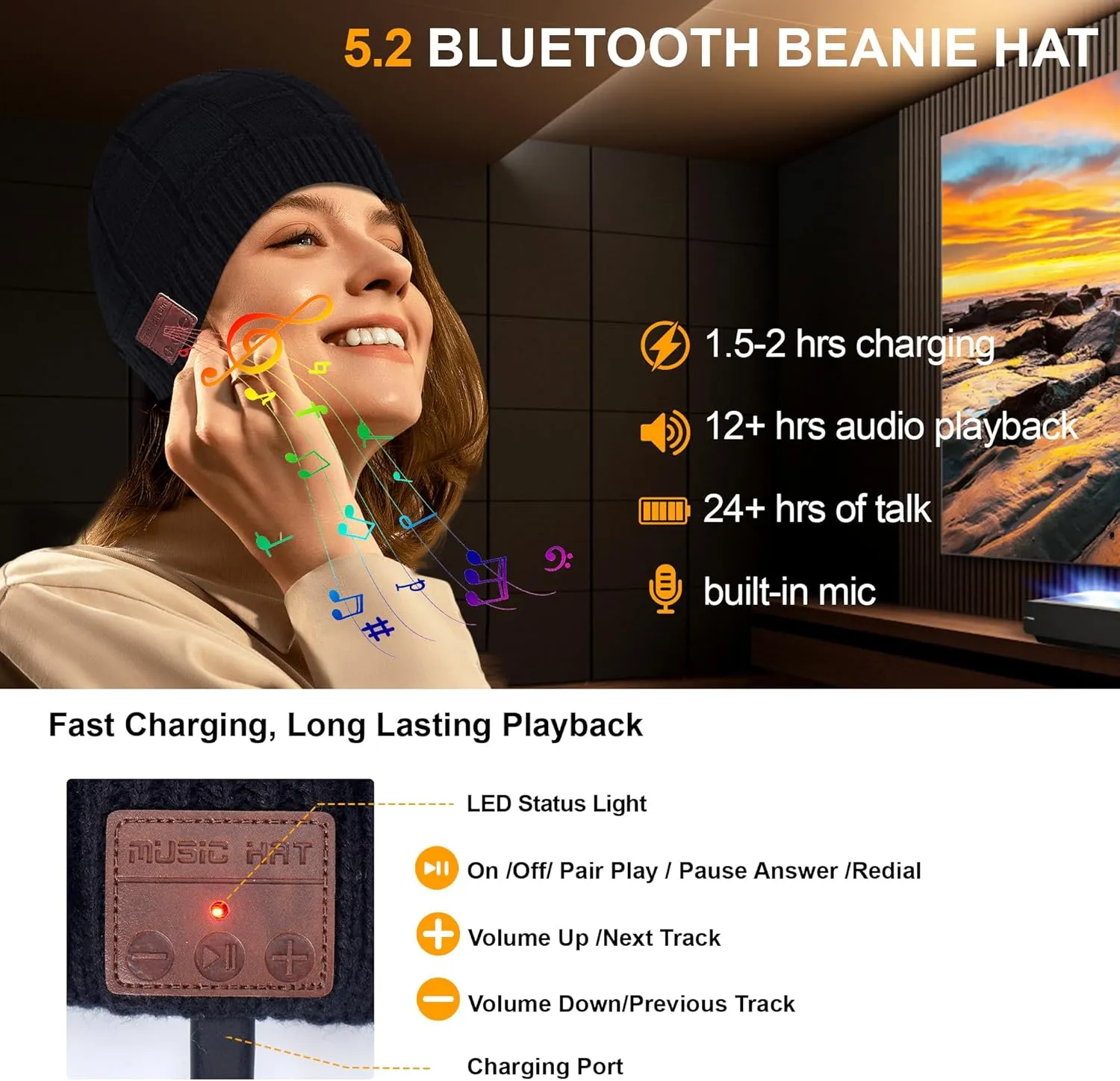 Microphone, Unique Tech resistance reform vulnerable hydraulic Gift for Christmas Stocking Stuffer Bluetooth Beanie,Music Hat with Wireless Headphones,Built-in 