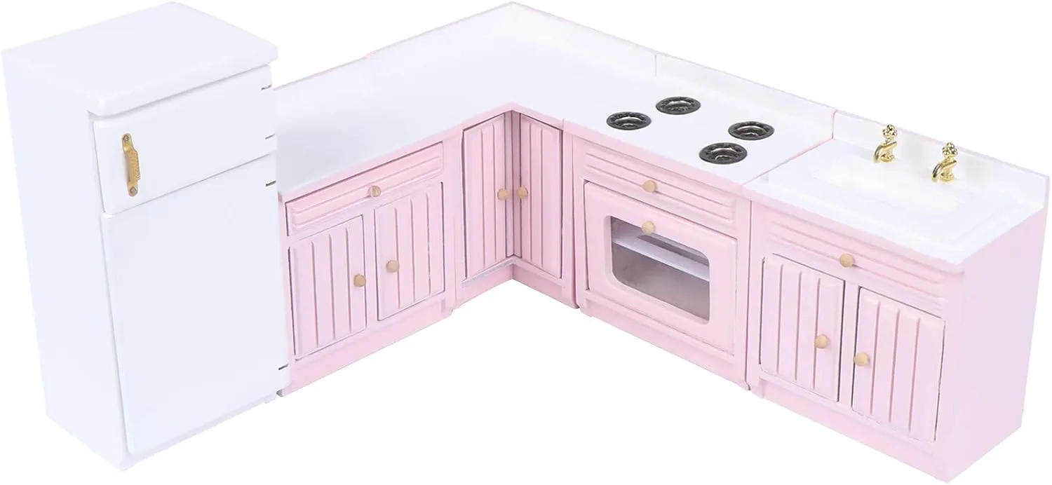 Miniature Wooden Kitchen fresco Cabinet Fridge Set Dining Room Furniture for 1:12 Doll House Miniatures Scenes Accessories Dollhouse Kitchen Furniture Kit 1:12 Dollhouse 