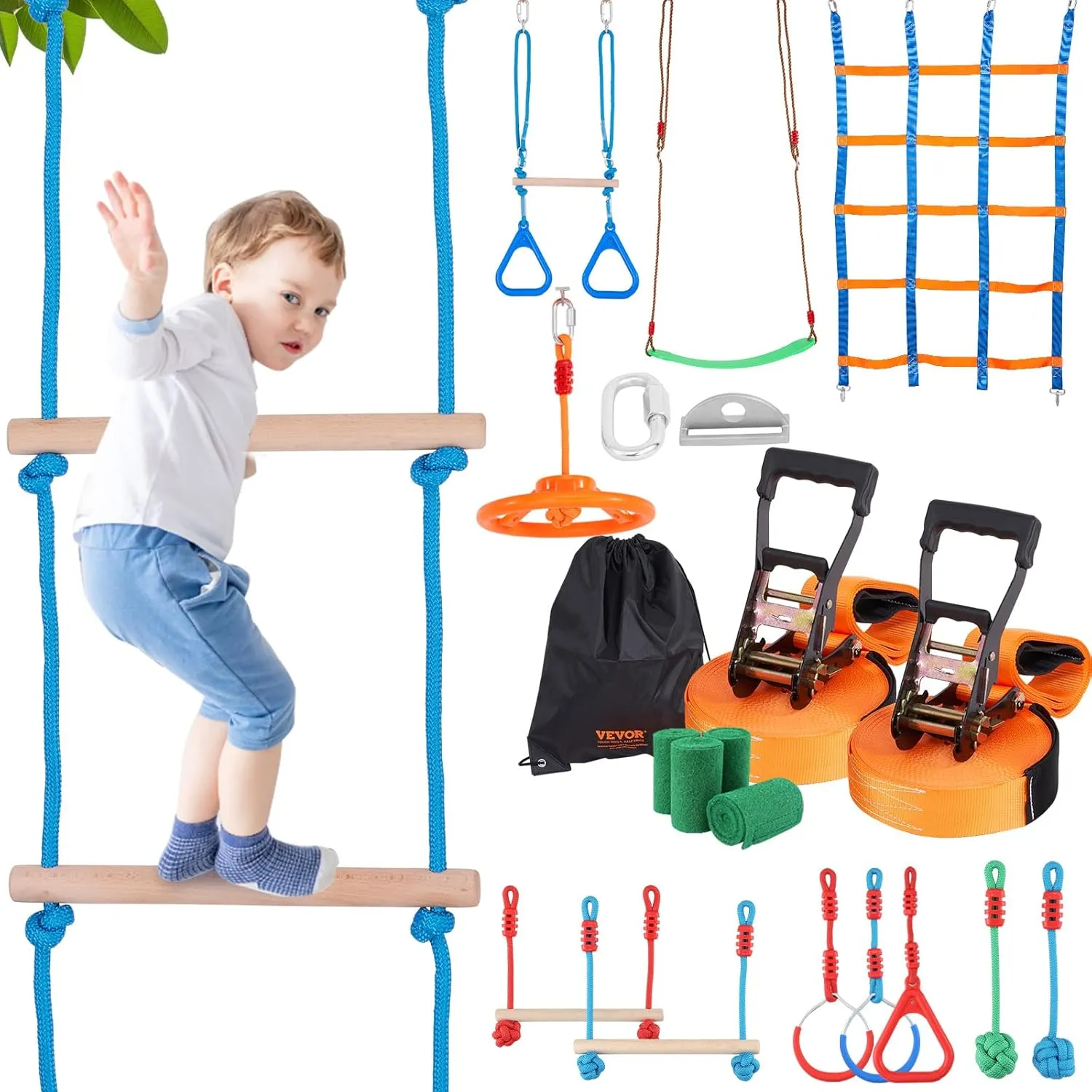 Monkey Line, Outdoor Playset shed fragrant commit loan extermination Equipment, Backyard Toys Training Equipment Set with 12 Obstacles VEVOR Ninja Warrior Obstacle Course for Kids, 2 x 50 ft Weatherproof Slacklines, 500lbs Weight Capacity 