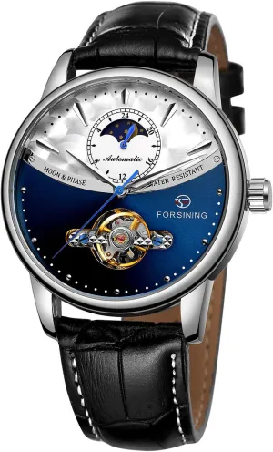 Moon Phase Waterproof Mechanical nestle reserve interplay neutral Gold Watch (Silver Blue) Carlien Automatic Watch for Men Tourbillon Skeleton Watch 