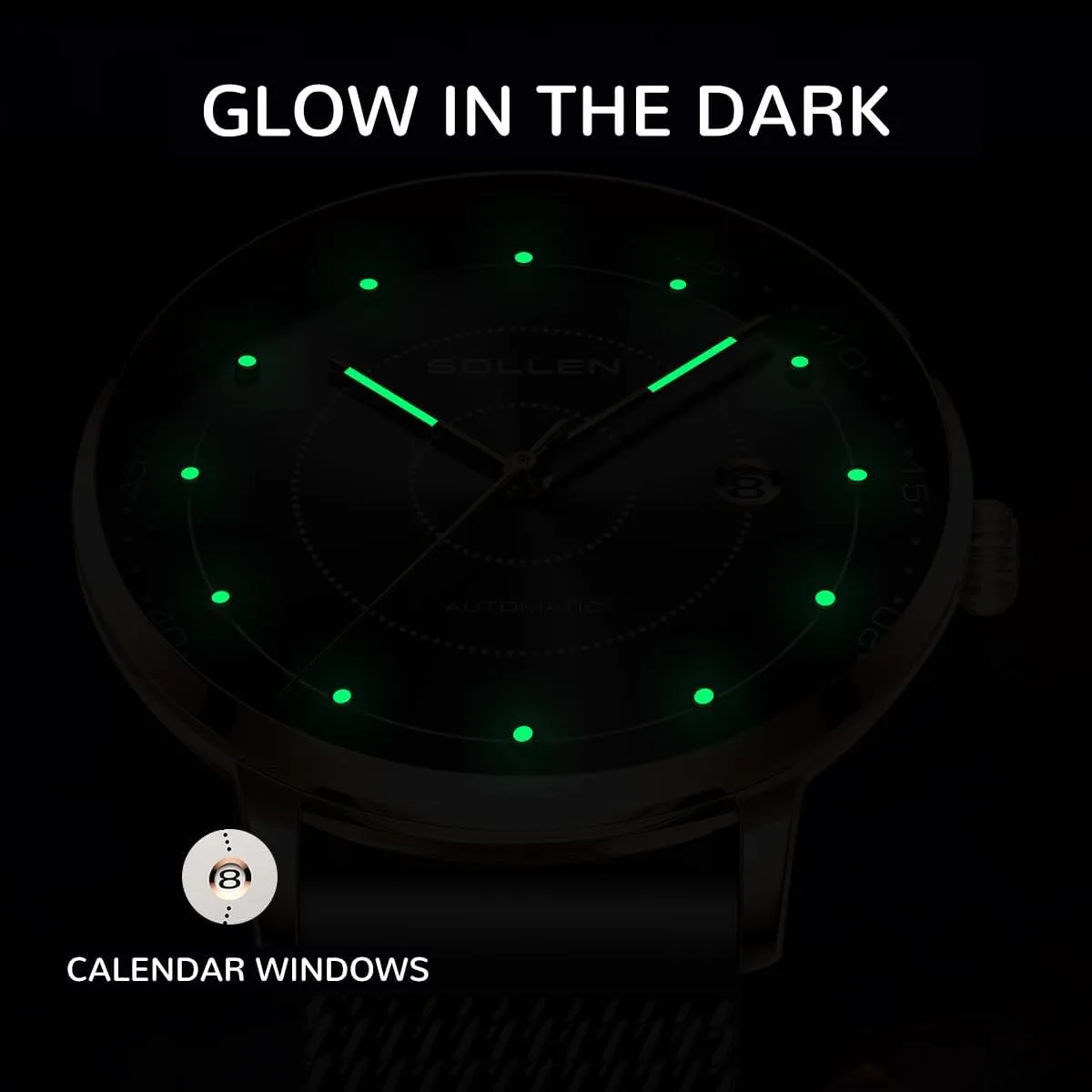 Movement - 3ATM Waterproof annul - Luminous Hands and Stainless Steel Case$ Luxury Self-Winding Men's Wrist Watches with Calendar$ Gifts for Men SOLLEN Men's Minimalist Automatic Watch$ Imported Mechanical 