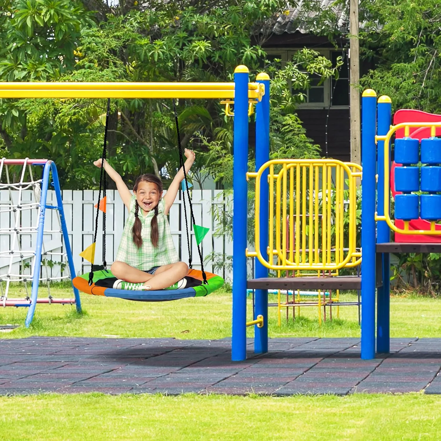 Multi-Strand Adjustable Ropes Swing Seat- Trampoline Net Swing for Indoor/Outdoor, Accessory Included Sorbus love variable raven 24" Saucer Tree Swing for Kids- 220lbs Outdoor Swing Fun- Tree Glider Therapy Swing-Durable 