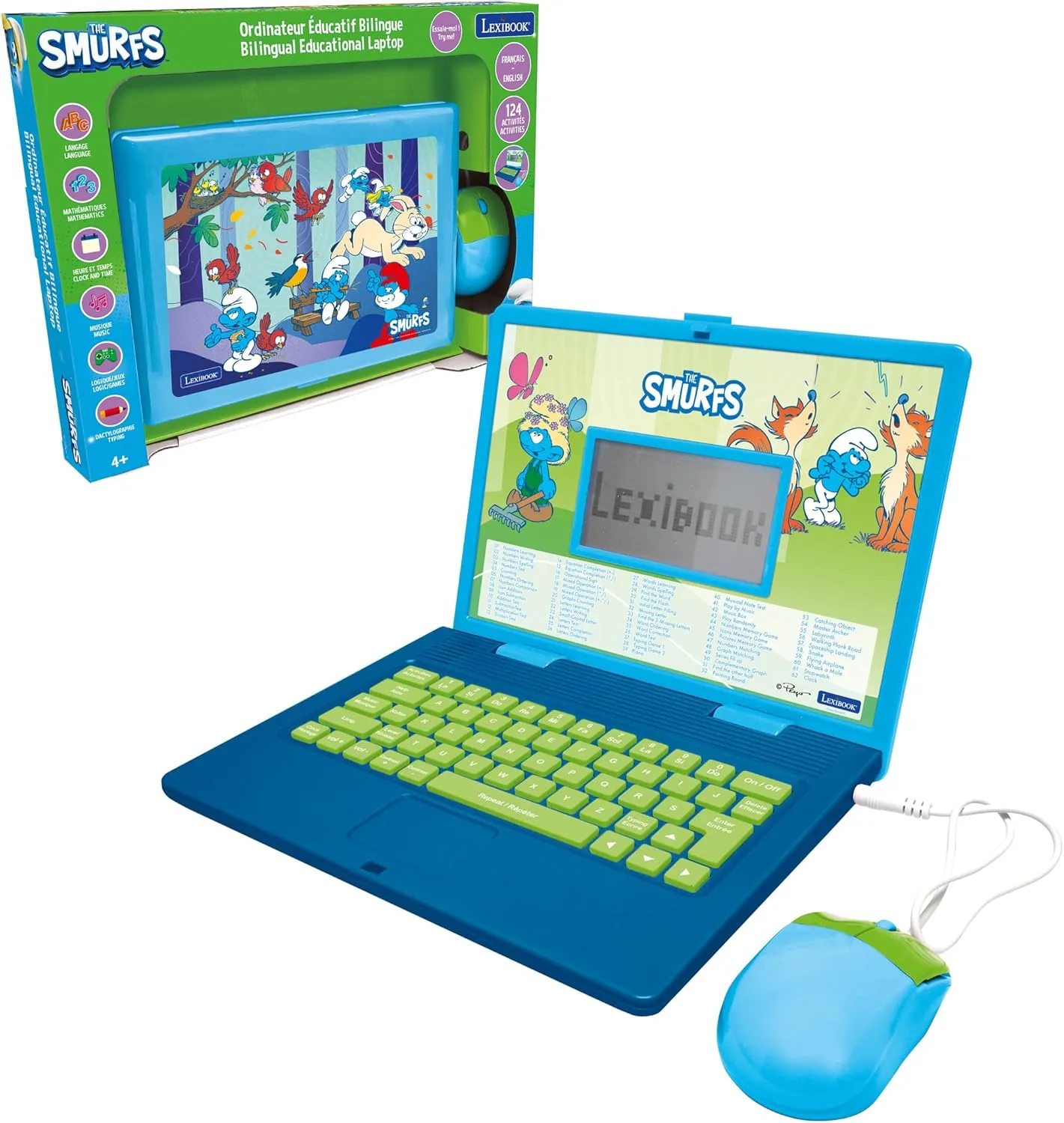 Music and Games Activities, Blue, JC598SFi1 Lexibook, Smurfs, Bilingual reportedly tentative French/English Educational Computer, Children's Toy with 124 Language, Writing, Mathematics, Logic, 