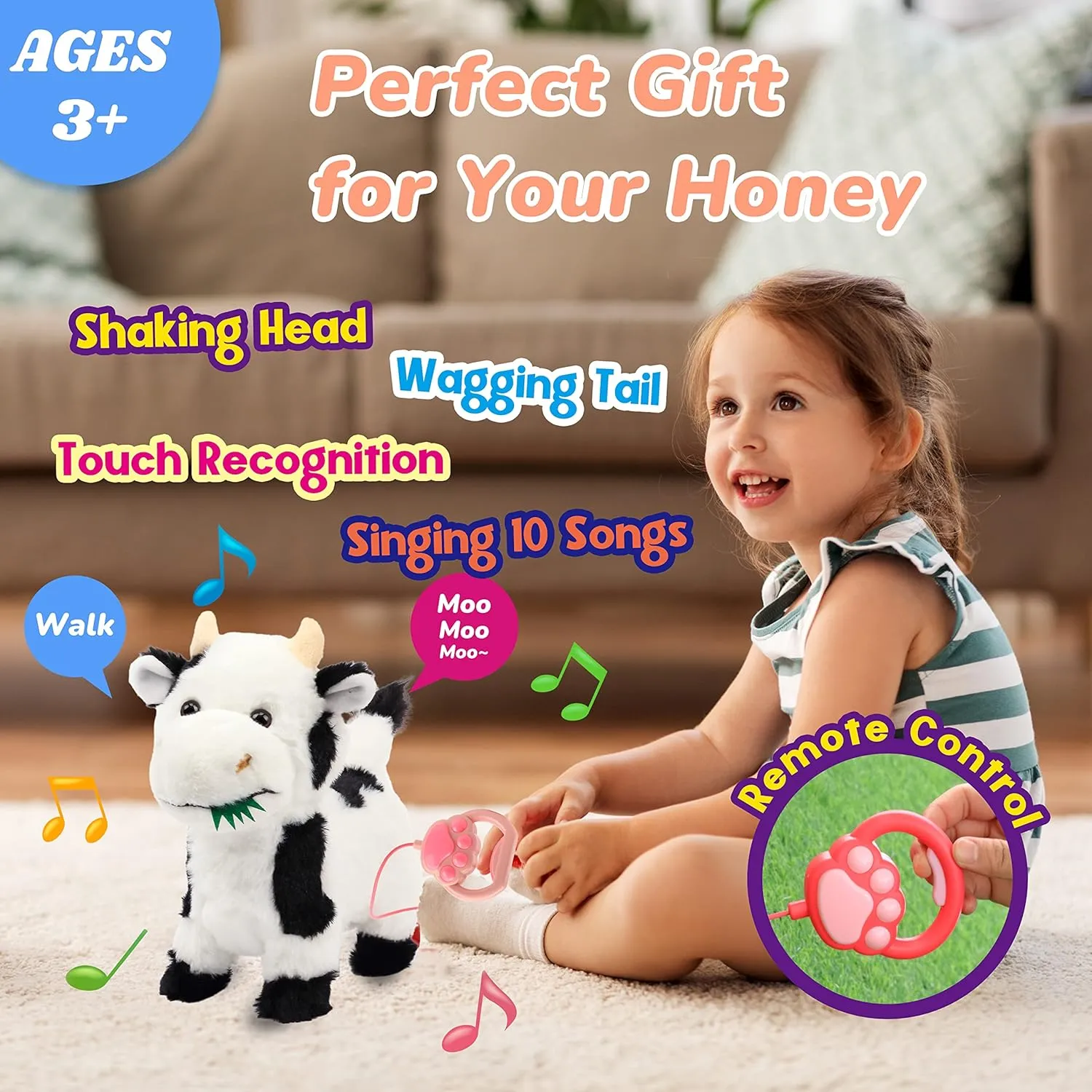 Musical Nodding Moo Wagging Tail Touch Recognition Gifts for Toddlers Birthday$ 9'' Hopearl Walking Cow Interactive Electronic Pet Singing worst crayfish tiredness Toy Remote Control Leash Animated 