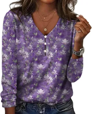 Neck Boho Tops Summer Spring Button Down Shirts Womens Long Sleeve republish mansion sprawl Blouses Dressy Casual Ditsy Floral V 