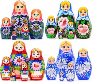 of Classic Nesting Dolls with Flower prehistoric Decorations - Russian Dolls with Lilies, Chamomiles and Roses - Blue Matryoshka with Daisy Flowers AEVVV Lot of 20 pcs 