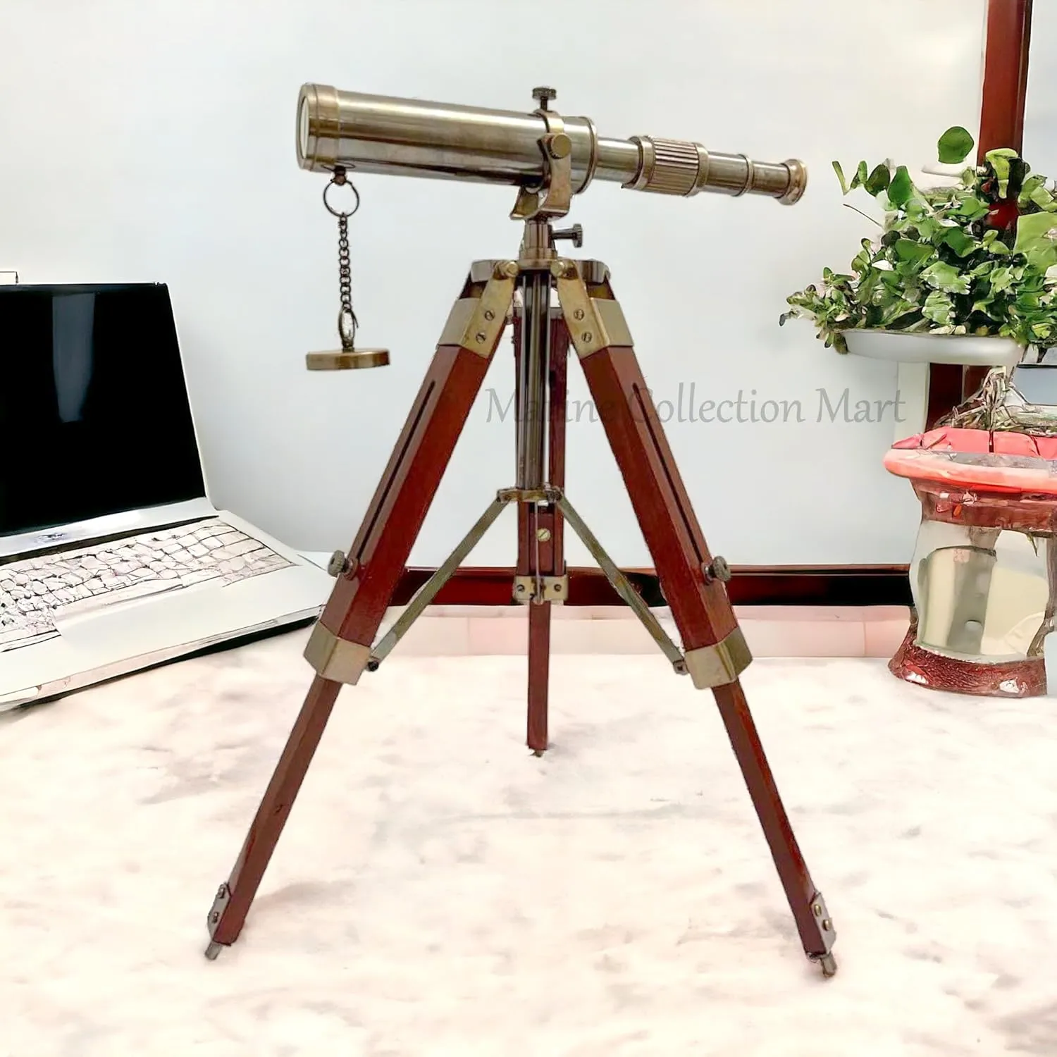 Office Decorative roll (Brown Antique Finish) Handmade Antique Brass Telescope with Wooden Adjustable Tripod Nautical Spyglass Balconay View Gift for Home and 