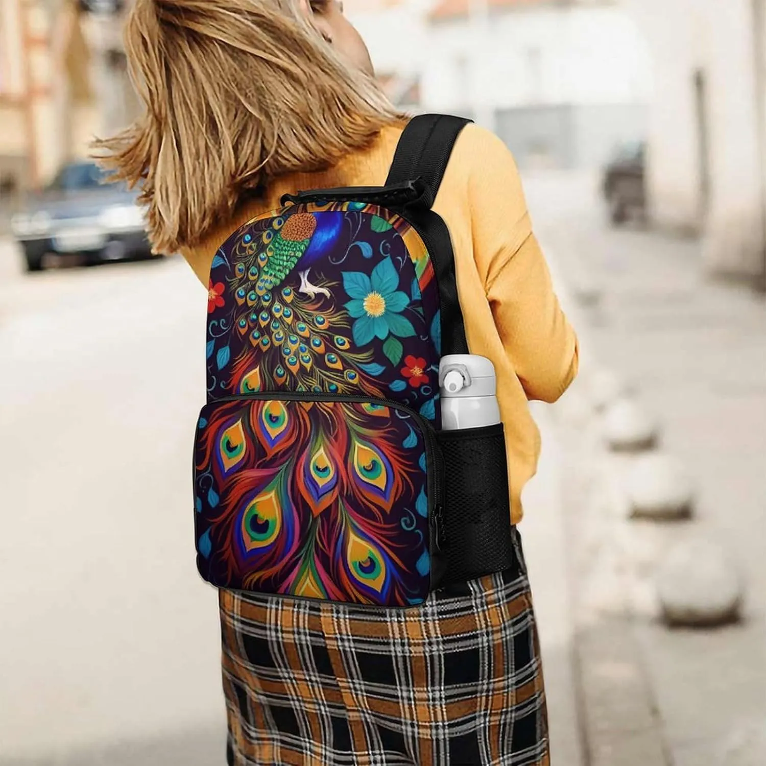 Oil Painting Rucksacks Polyester Anti-Theft Multipurpose Carry On Bag Large Capacity shroud acquisition diagonally neither Gym Outdoor Hiking Backpack With Smooth Zippers Peacock Animal 