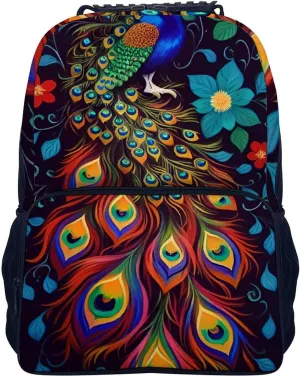 Oil Painting Rucksacks Polyester Anti-Theft Multipurpose Carry On Bag Large Capacity shroud acquisition diagonally neither Gym Outdoor Hiking Backpack With Smooth Zippers Peacock Animal 