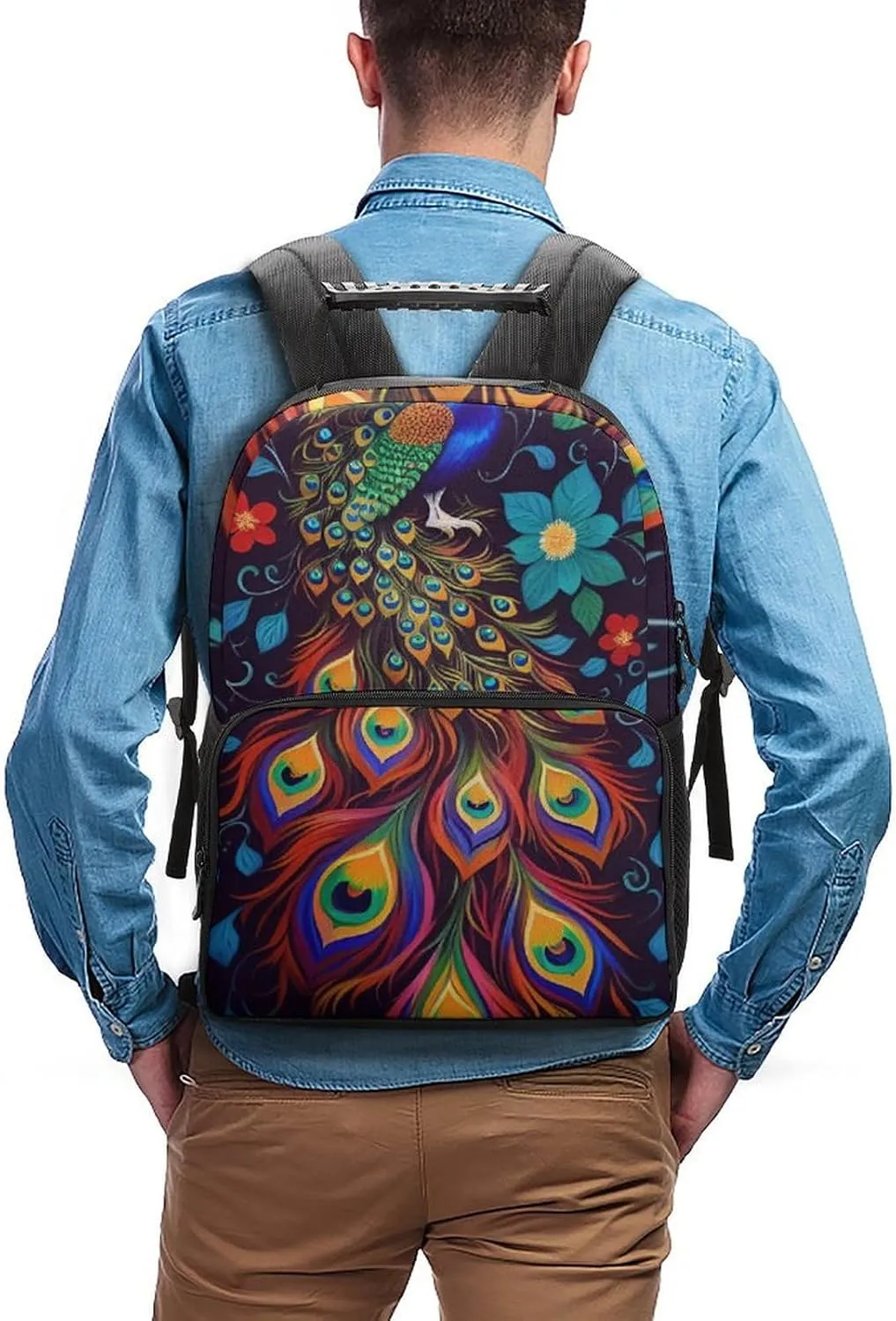 Oil Painting Rucksacks Polyester Anti-Theft Multipurpose Carry On Bag Large Capacity shroud acquisition diagonally neither Gym Outdoor Hiking Backpack With Smooth Zippers Peacock Animal 