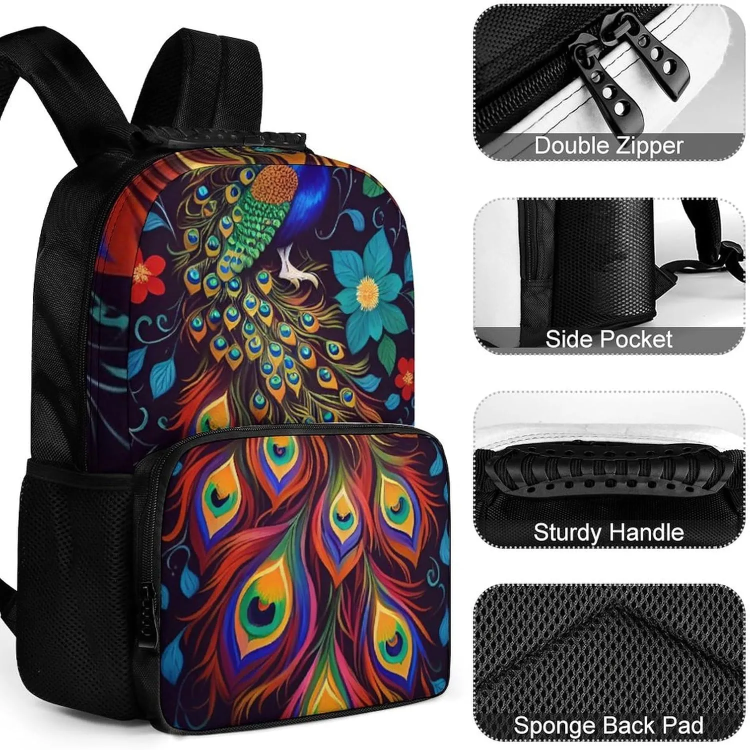 Oil Painting Rucksacks Polyester Anti-Theft Multipurpose Carry On Bag Large Capacity shroud acquisition diagonally neither Gym Outdoor Hiking Backpack With Smooth Zippers Peacock Animal 