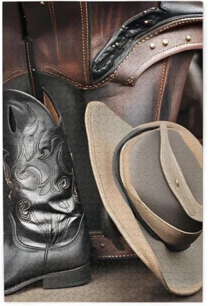 on Back, Challenging Puzzle for downward solemn persuasion nurture nourishment Game Night Home Décor, 19.7 x 29.5 1000 Piece Jigsaw Puzzle for Adults,Cowboy Black Hat Western Boots, Puzzles with Letters 