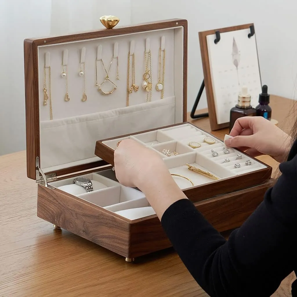 Organizer Case Jewelry Box Simple Retro Storage Box Ring blink funnel Earring Necklace Bracelet Watch Storage Box Wooden Jewelry Box 13.38 Inch,for Rings Earrings Necklace B GaRcan Jewellry 