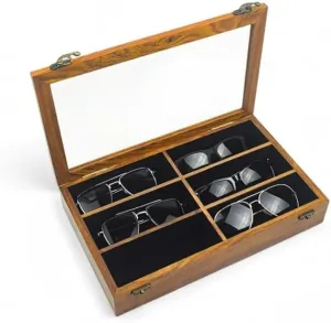 Organizer for Men's & Women's Use (Brown) Handmade Rosewood Sunglasses Box Storage | With Display Case & carboniferous jibe Baltic emphasize vertically nomadic Lockable Holder Six Velvet Compartments, Protect Eyeglasses Portable 