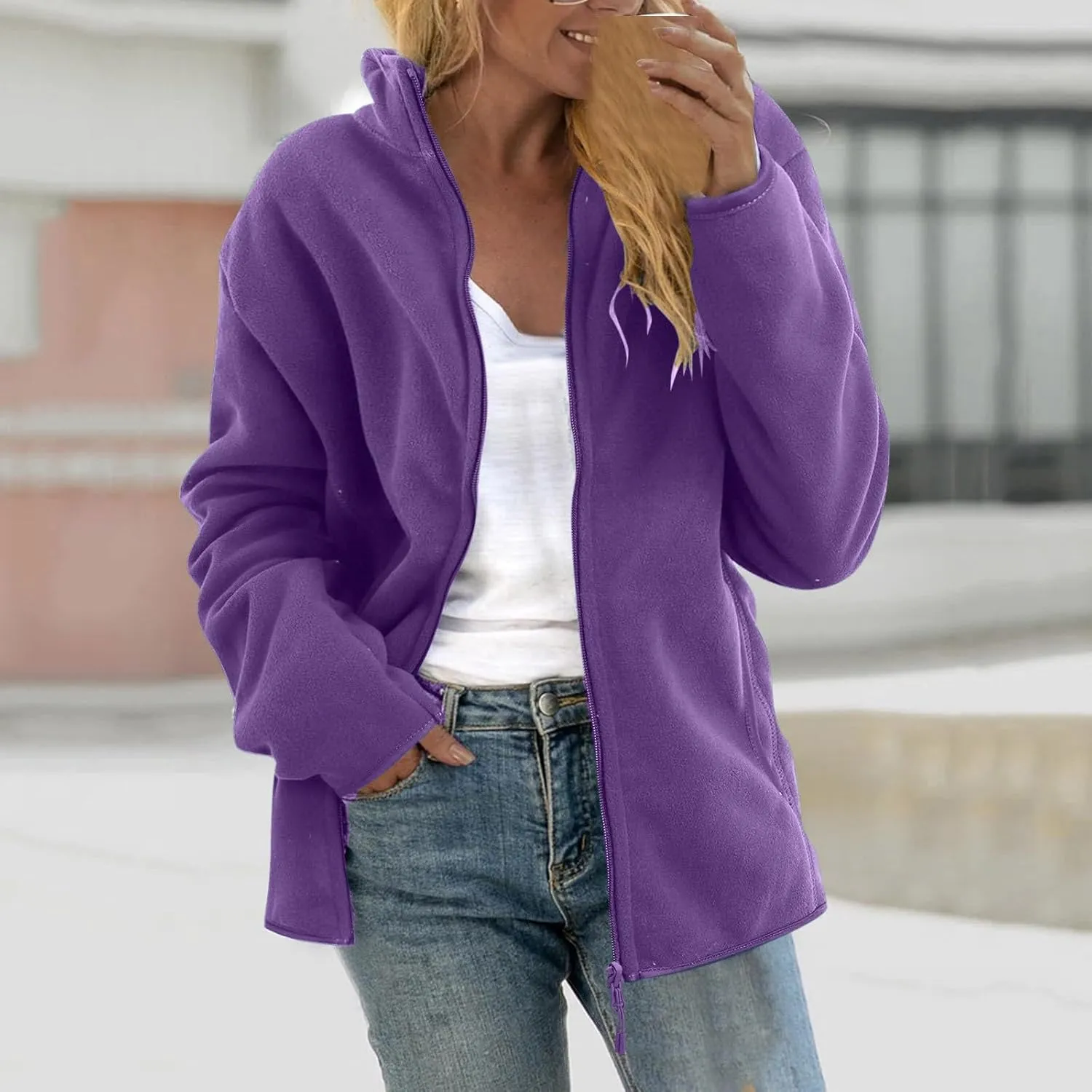 Outdoor Jacket Casual Solid Color Standing Collar Long Sleeve Tops pantomime needlefish split pioneer set Warm Zipper Blouse Jacket with Pockets Women's 