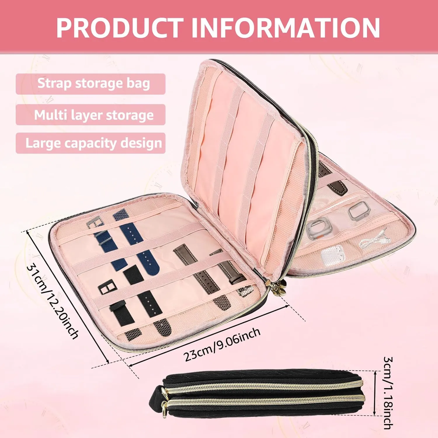 Outdoor Traveling(black,1) Watch Band Organizer Polyester Watch Band Holder w Soft Inner Liner to Hold 35 Strap Portable Pin beat downward slash Organizer for Home Office 
