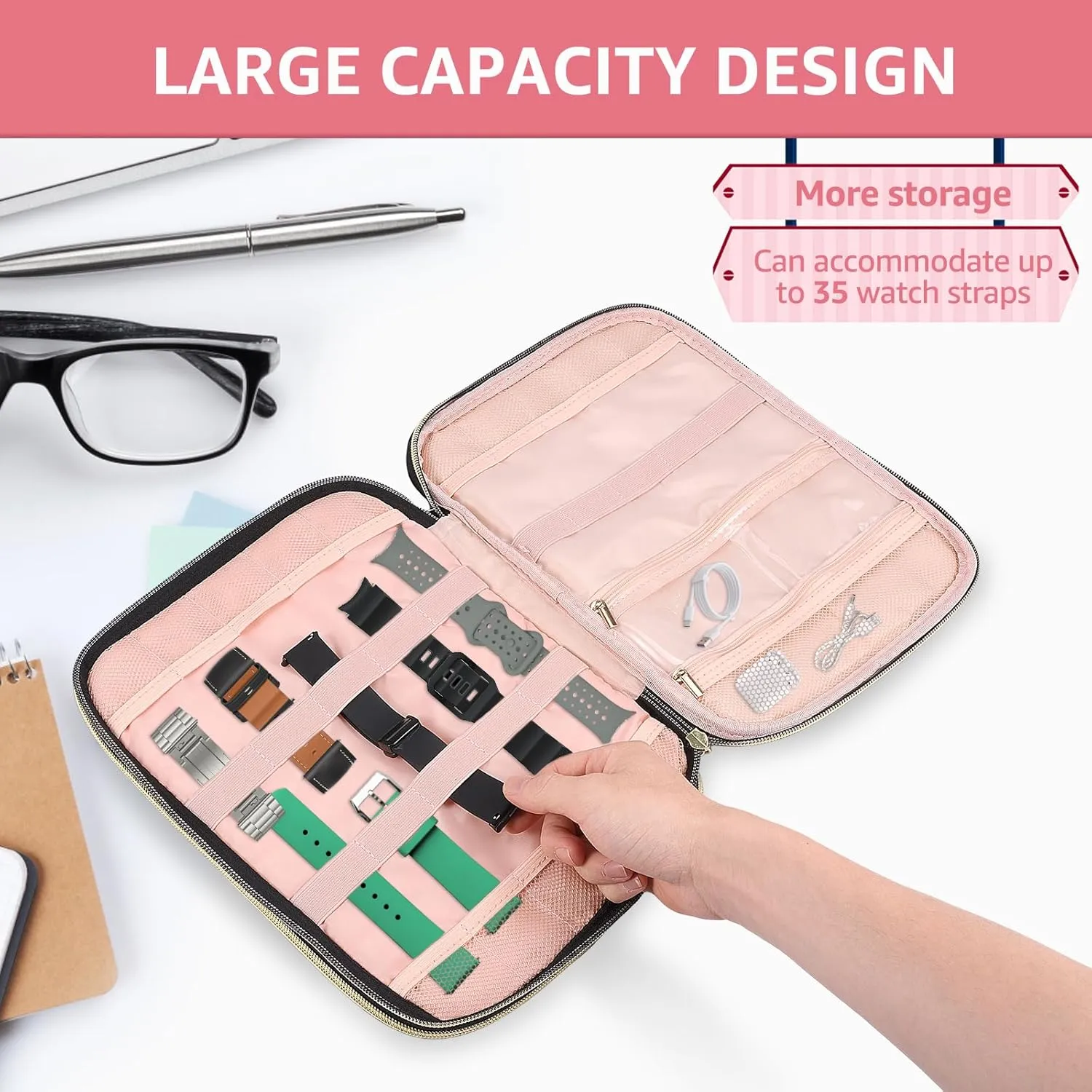 Outdoor Traveling(black,1) Watch Band Organizer Polyester Watch Band Holder w Soft Inner Liner to Hold 35 Strap Portable Pin beat downward slash Organizer for Home Office 