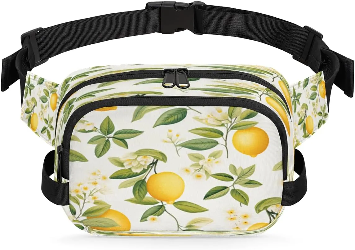 Pack for Running Travel Hiking Workout Cycling Lemon Flower Leaf Watercolour Waterproof Fanny Pack for Women Men Adjustable Waist Bag approve with Double Zipper Pockets Lightweight Square Hip 