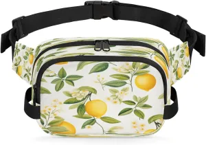 Pack for Running Travel Hiking Workout Cycling Lemon Flower Leaf Watercolour Waterproof Fanny Pack for Women Men Adjustable Waist Bag approve with Double Zipper Pockets Lightweight Square Hip 