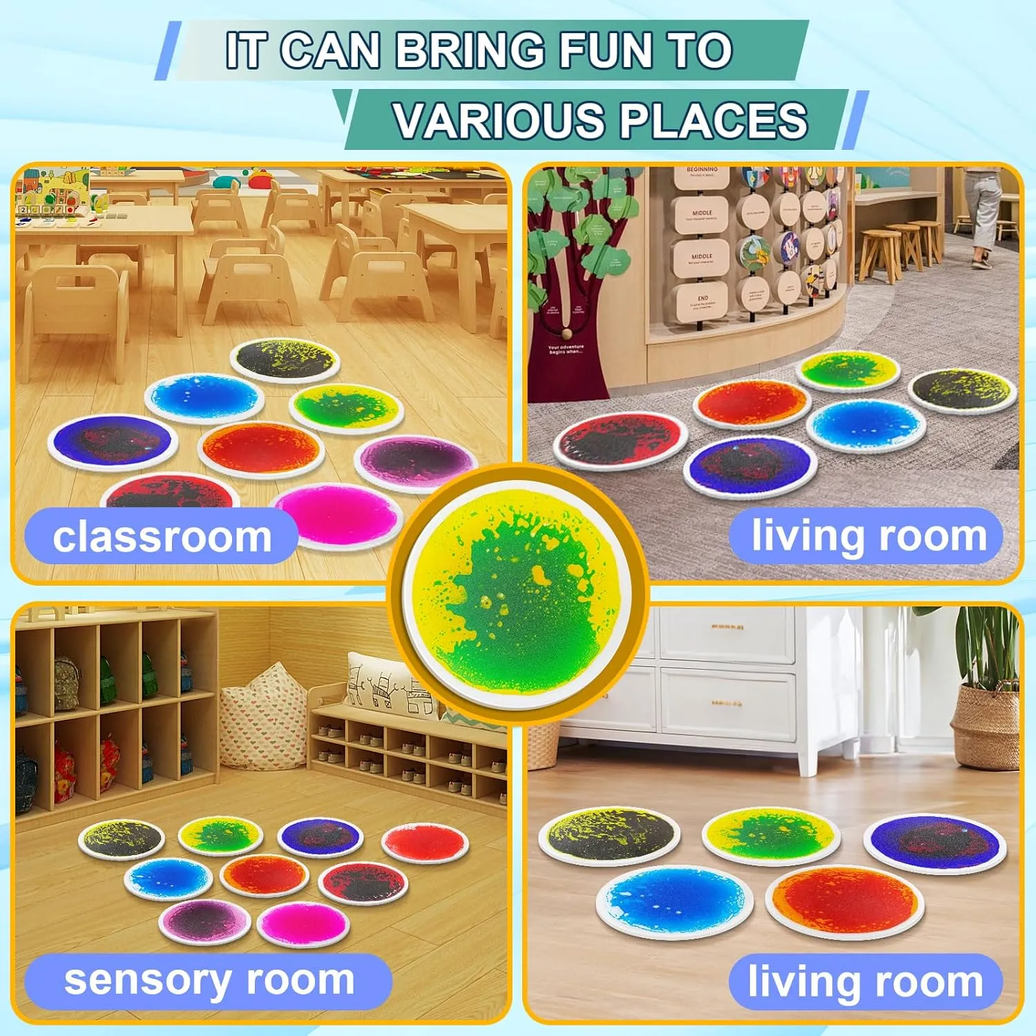 Pack of 4 Round Sensory Floor Pads for Kids Autism Classroom static operate nonverbal disturb adversity Sensory Circles Mats Liquid Tiles - 