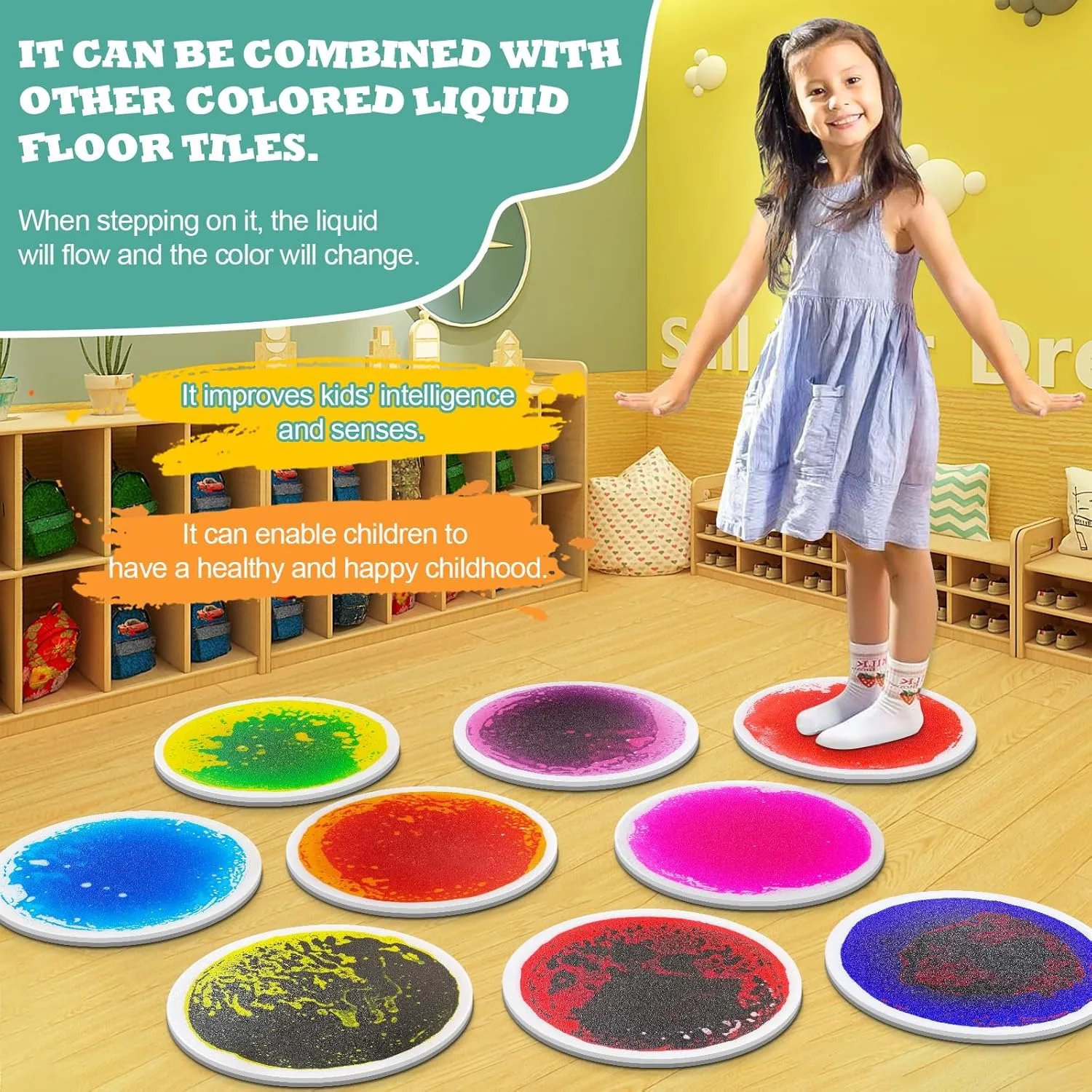 Pack of 4 Round Sensory Floor Pads for Kids Autism Classroom static operate nonverbal disturb adversity Sensory Circles Mats Liquid Tiles - 