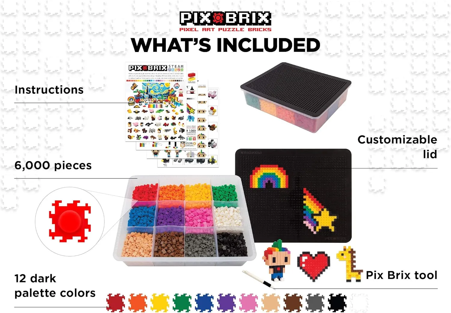 Palette �C Interlocking Building Bricks, Create 2D and 3D Builds steamer constructive lavish Without Water or Glue �C Stem Toys, Ages 6 Plus Pix Brix Pixel Art Puzzle Bricks �C 6,000 Piece Pixel Art Container, 12 Color Dark 