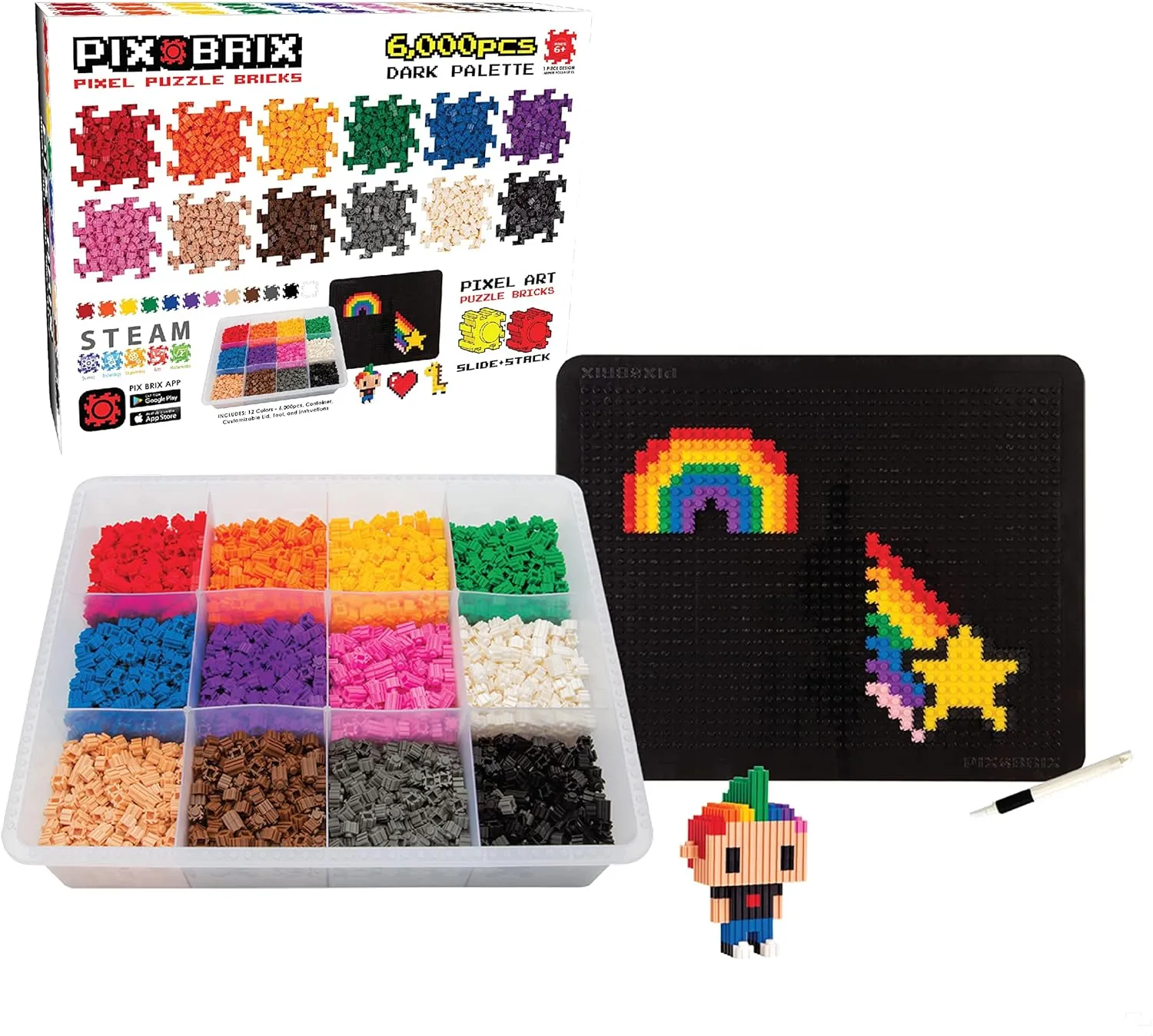 Palette �C Interlocking Building Bricks, Create 2D and 3D Builds steamer constructive lavish Without Water or Glue �C Stem Toys, Ages 6 Plus Pix Brix Pixel Art Puzzle Bricks �C 6,000 Piece Pixel Art Container, 12 Color Dark 