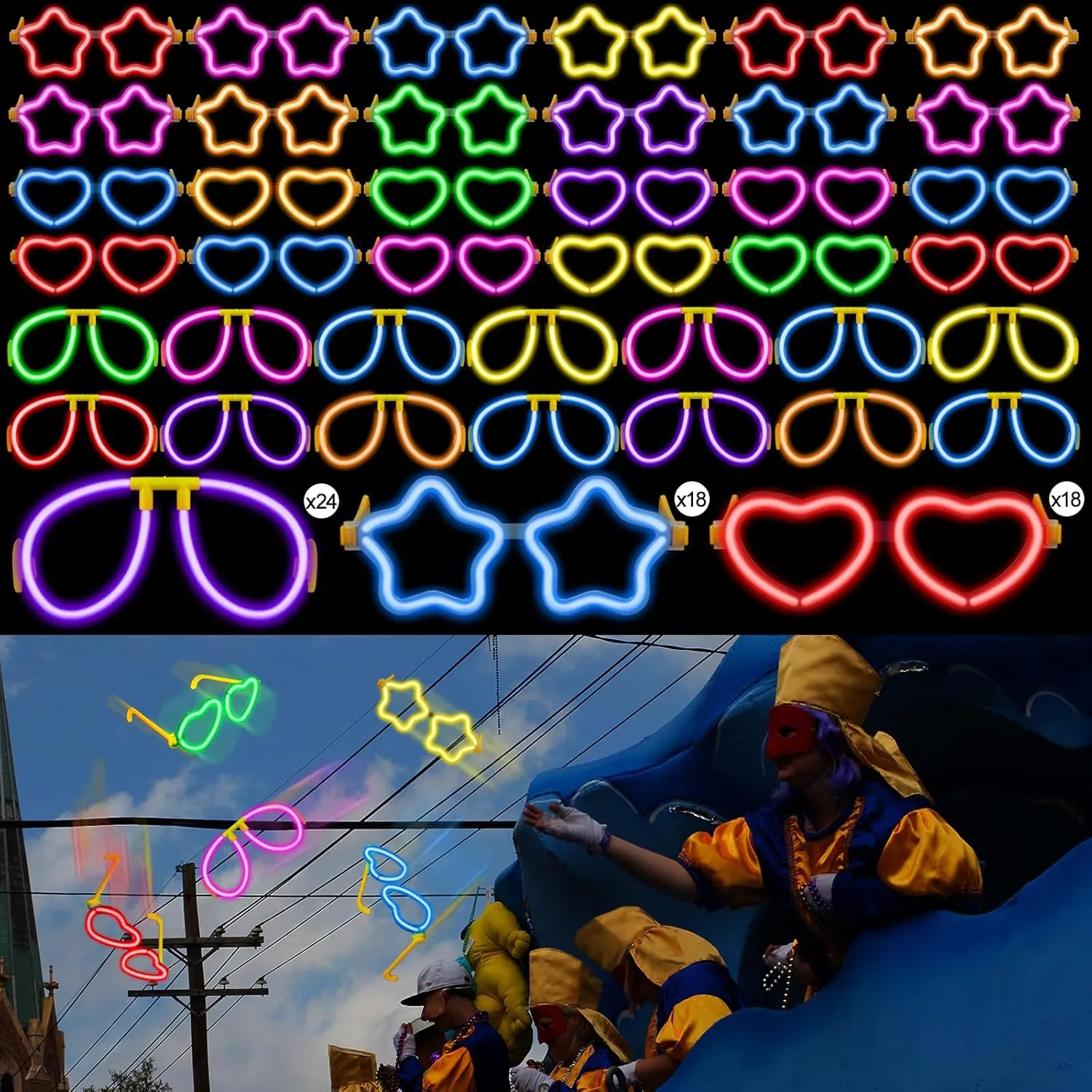 Parade clayware Throws Party Favor for Adults Kids (Cute Style) Jexine 60 Pcs Mardi Gras Glow Glasses Glow in the Dark Party Supplies Glow Stick Sunglasses Bulk Neon 