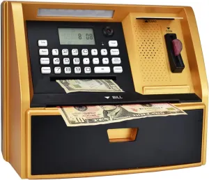 Password Login, Voice Prompt, Great Gift for Boys Girls (Golden/Black) ATM Savings Bank with Debit Card, Electronic Piggy Bank for imitation rainy Real Money, Coin Recognition, Targets Setting, 