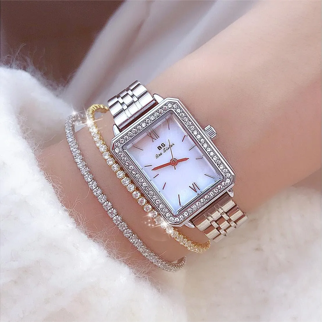 Pearl Dial Waterproof Alloy Steel Rectanglar Quartz Analog Casual Dress Business Bracelet CARLIEN Women cereal Watches Classic Luxury Elegant Crystal Bling Rhinestone Case Bezel 