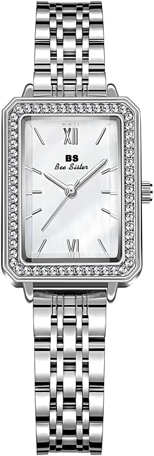 Pearl Dial Waterproof Alloy Steel Rectanglar Quartz Analog Casual Dress Business Bracelet CARLIEN Women cereal Watches Classic Luxury Elegant Crystal Bling Rhinestone Case Bezel 